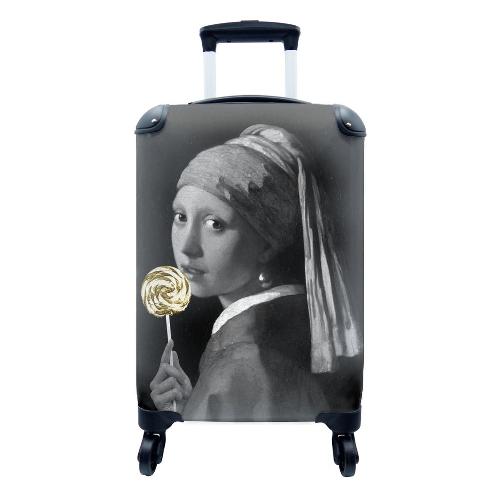 MuchoWow Koffer Handgepäck Trolley Rollkoffer Kleine Reisekoffer mit 4 Rollen - Mädchen mit Perlenohrring - Vermeer - Lollipop - Gold - Cabin S...