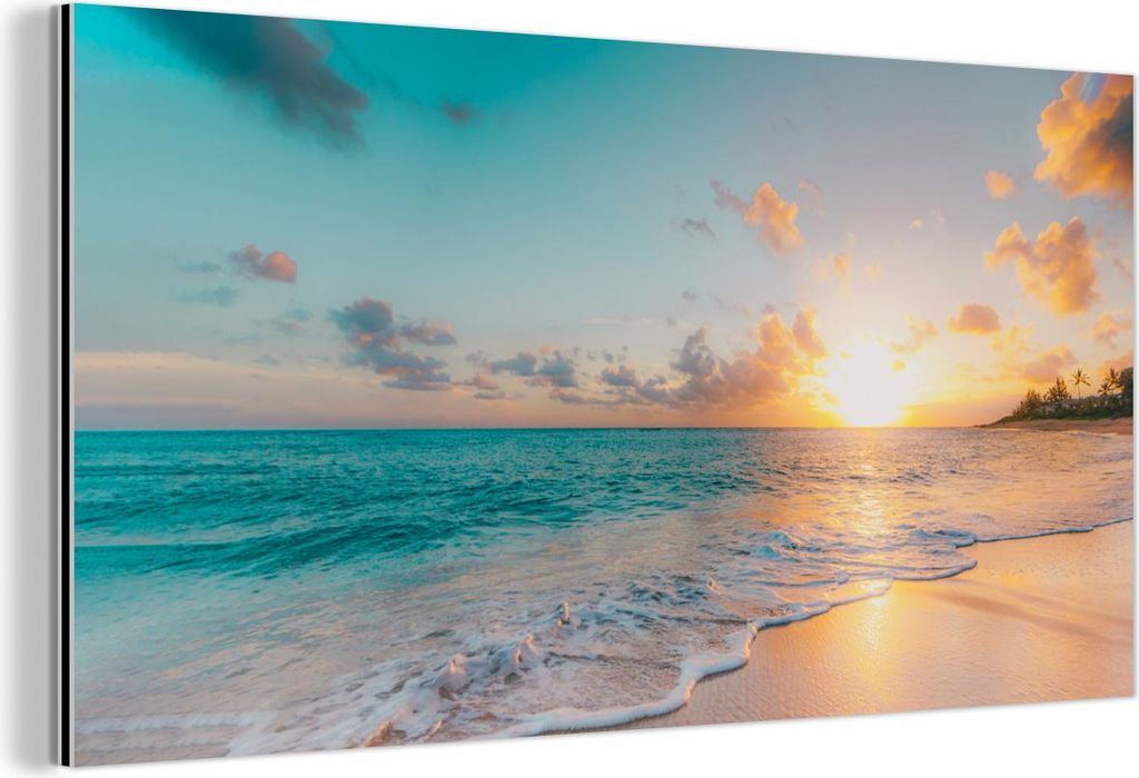 MuchoWow Wanddekoration Metall Metallbild Wandkunst 40x20 cm Sonnenuntergang - Strand - Meer - Sommer - Blau MuchoWow Aluminium Gemälde - Bild - A...