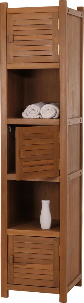 Teak-Hochregal MCW-M87, Badschrank Badregal Badezimmer, hochwertiges B-Grade-Teak (Kernholz, 20-30 Jahre), 181x40cm