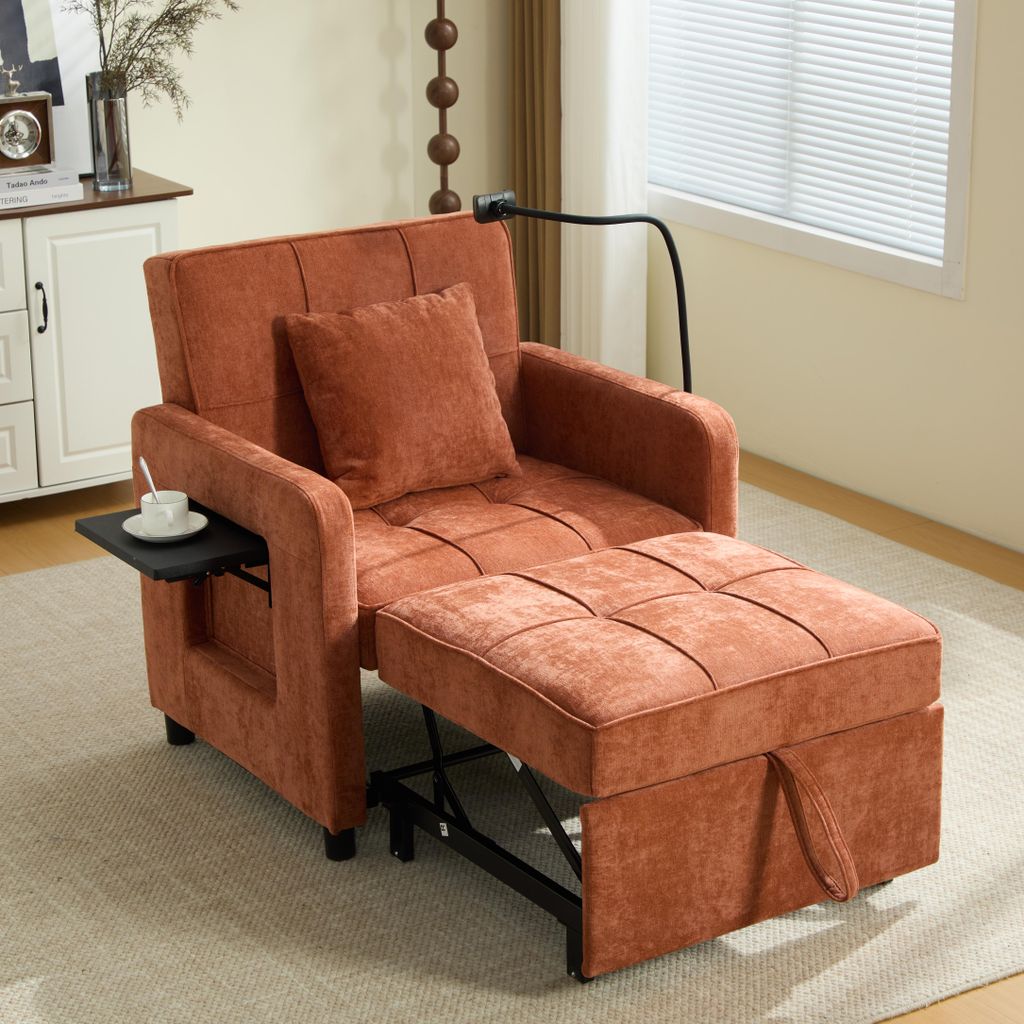 MODFU Schlafsessel Schlafsofa 1 Sitzer 5 Fach Verstellbare Rückenlehne Liegefunktion Extra Lange Liegefläche Wohnzimmer Chenille Orange