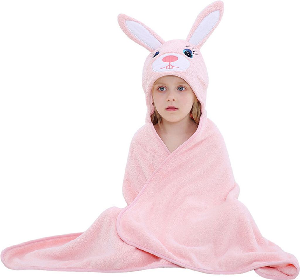 Premium Kapuzenhandtücher für Kinder, Babyhandtücher 70x120cm, Strand- oder Badetuch, Kaninchen Design, Pink