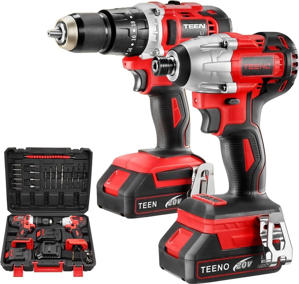 A set of power tools, including a drill and an impact driver, along with a carrying case containing additional tools and batteries.