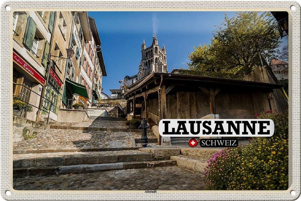 Blechschild Reise Lausanne Schweiz Altstadt Architektur 30x20cm