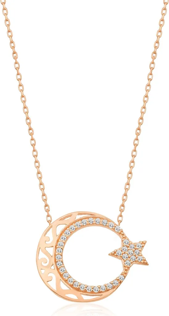 Collier Argent 925 Ay-Yildiz Bicolore Pendentif Lune Étoile Plaque Or Rose