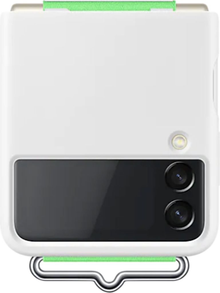 A white Samsung Galaxy Z Flip 3 phone case with green accents and a silver loop.