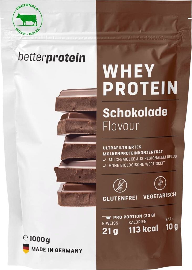 Whey Protein - Milch Schokolade 1 kg - Produziert in Deutschland aus regionaler Milch - Eiweißpulver zum Muskelaufbau und Abnehmen - Beutel