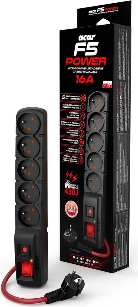 PREMIUMCORD Acar F5 1.5m Kabel, 5 Steckdose, Überspannungsschutz, Maximalspannung 16A, black