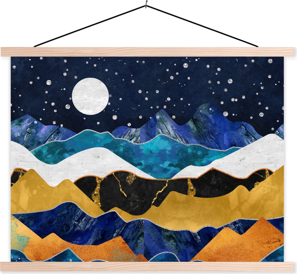 MuchoWow Textilposter Nacht - Gold - Marmor - Abstrakt - Landschaft - Berg 60x45 cm mit holzfarbenen Rahmen - Bild