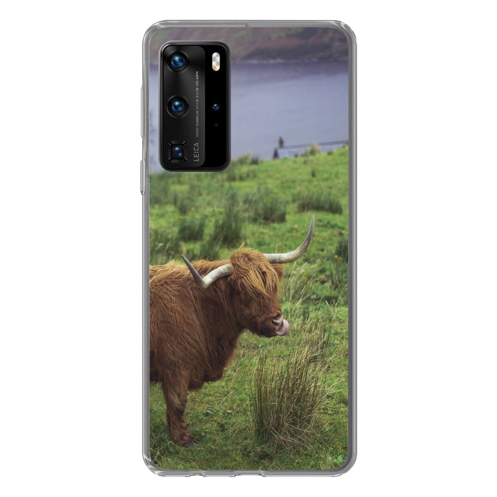 MuchoWow Handyhülle Schutzhülle Hülle für Huawei P40 Pro Schottische Highlander - Gras - Wasser - Tiere Silikon Softcase Handy Hülle - Schutz