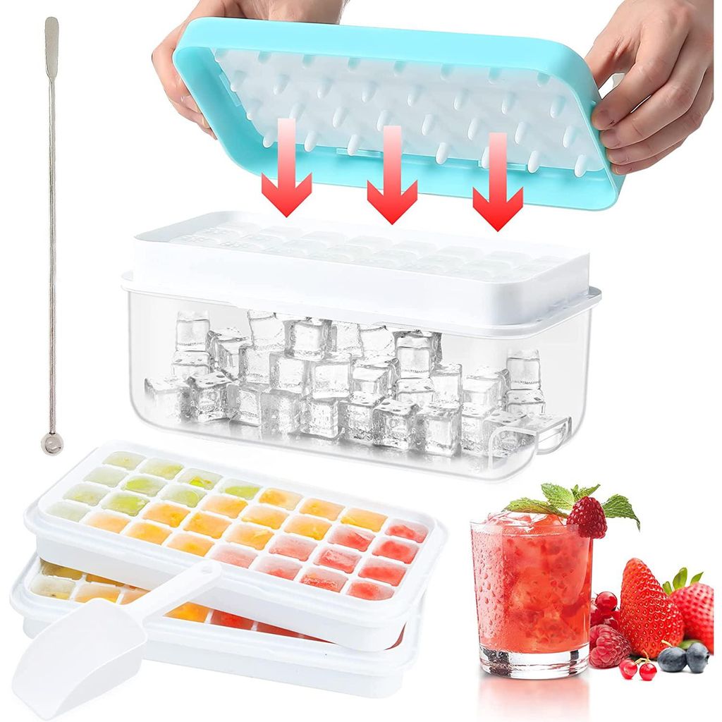 Silicone Ice Trays for Freezer, Stackable Ice Cube Tray with Lid, Bin & Scoop, Durable Ice Mold Making 64PCS Ice Chilling Cocktail Whiskey Tea Coff...