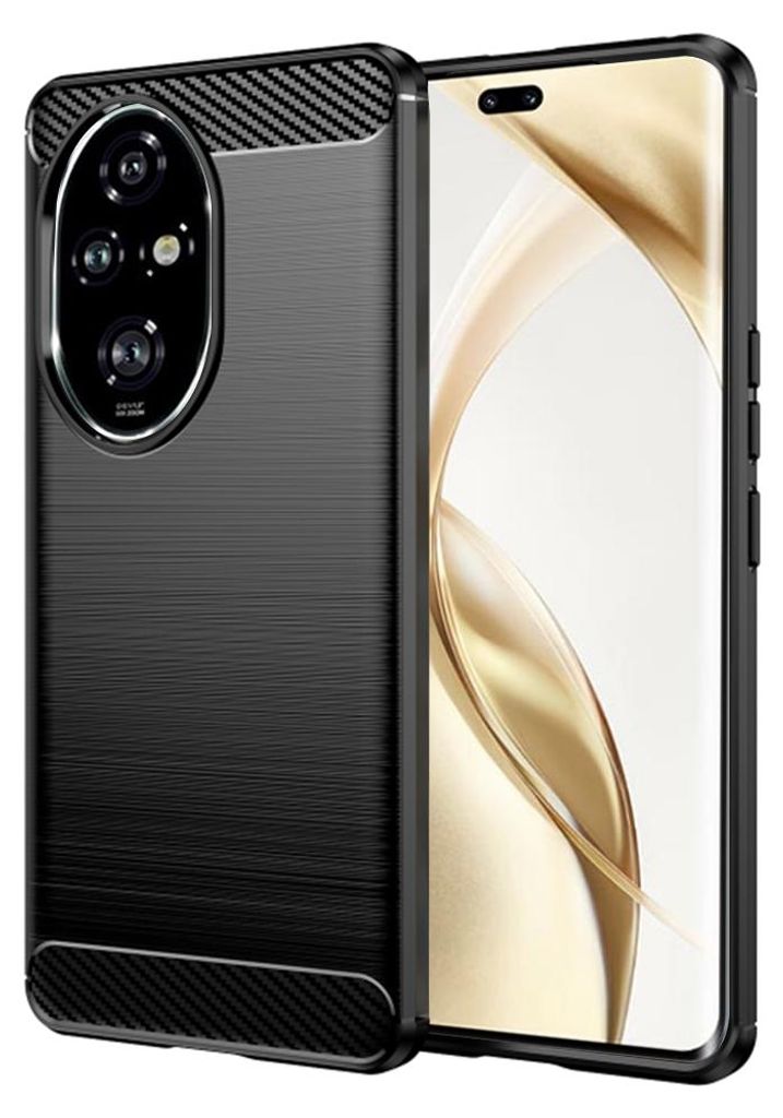 A black phone case is shown next to a smartphone.