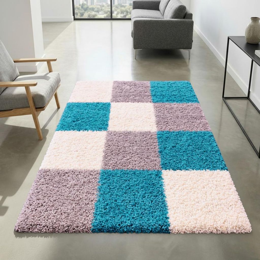 Shaggy Teppich Mehrfarbig Türkis Grau Creme – moderner Hochflor Teppich mit Karomuster Größe - 160 x 230 cm