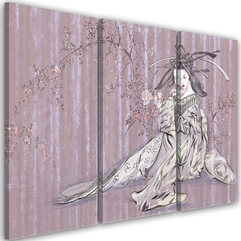 Triptychon auf leinwand traditionelle japanische geisha 120x80 cm Feeby lila wandbild bereit zum aufhängen