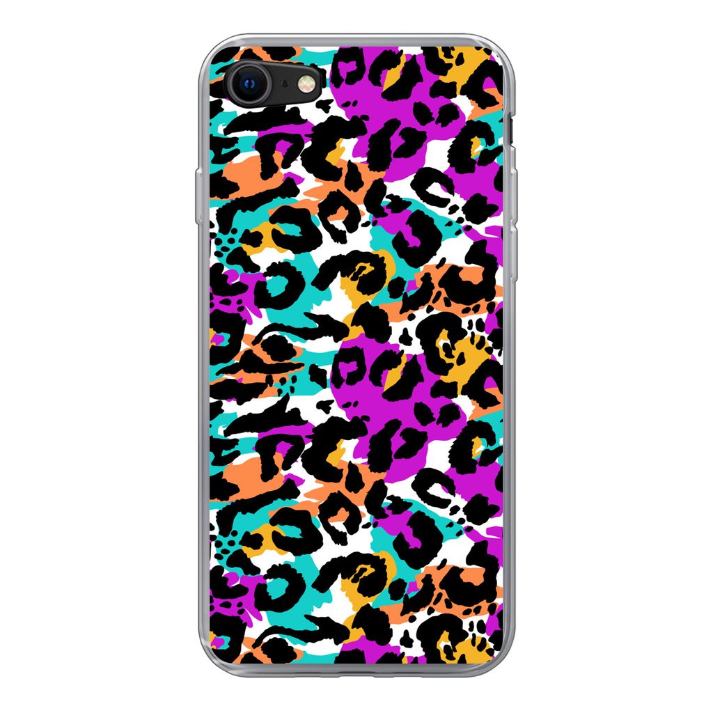 MuchoWow Handyhülle Schutzhülle Hülle für iPhone SE 2020 Pantherdruck - Regenbogen - Weiß Silikon Softcase Handy Hülle - Kartenbesitzer