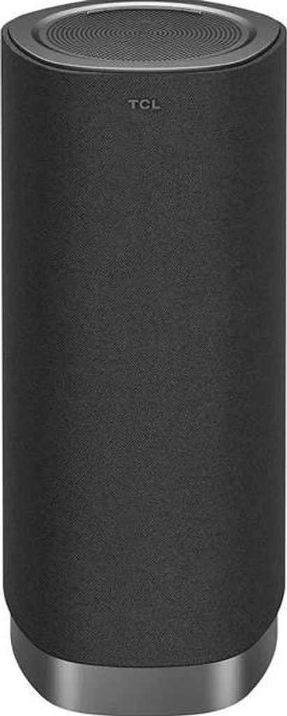 A studio shot of a black cylindrical speaker with a metallic base and top.