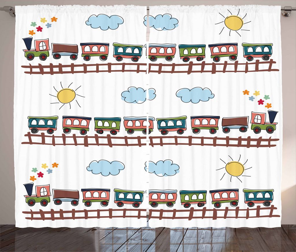 ABAKUHAUS Kindergarten Rustikaler Gardine, Cartoon Zug Tracklines, Schlafzimmer Kräuselband Vorhang mit Schlaufen und Haken, 280 x 225 cm, Mehrfarbig