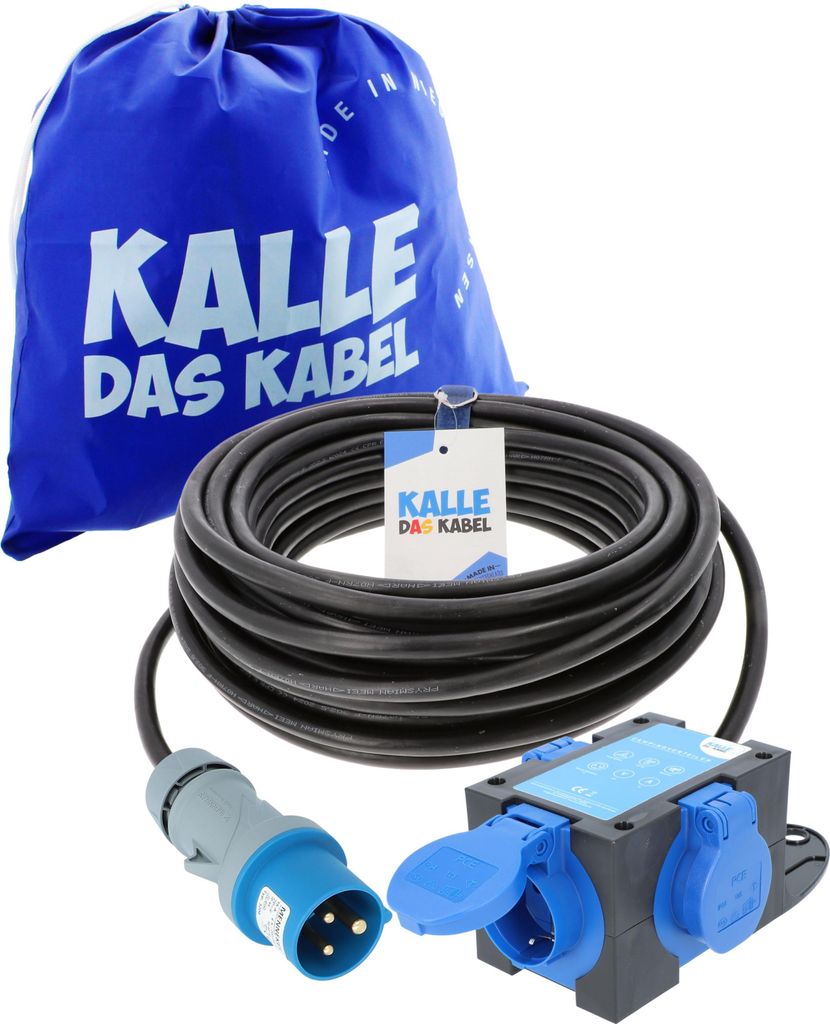 KALLE DAS KABEL CEE Zelt-Adapterleitung 5 m H07RN-F 3G 2,5 mm² 230V 16A Campingverteiler IP44 mit 3x Schuko Steckdosen – Stromverteiler Adapter ...