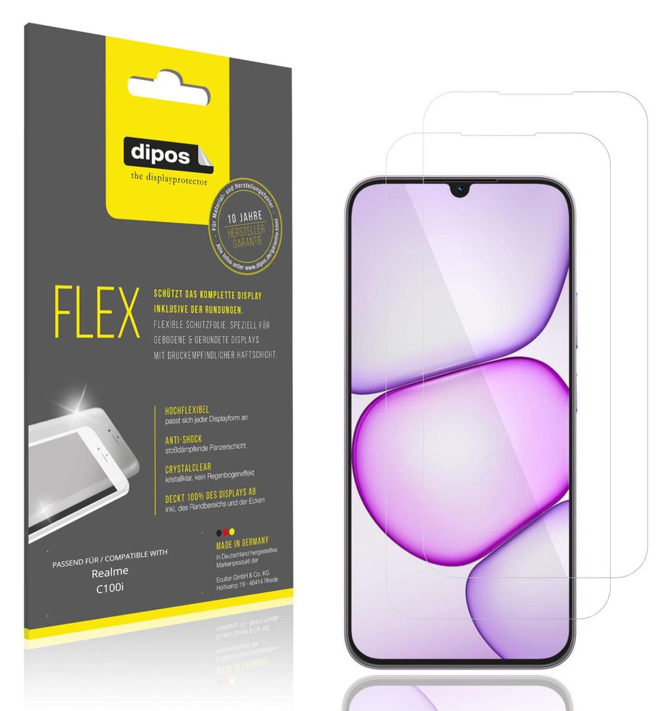 2x Schutzfolie für Realme C100i Folie, 100% Displayabdeckung, dipos Flex