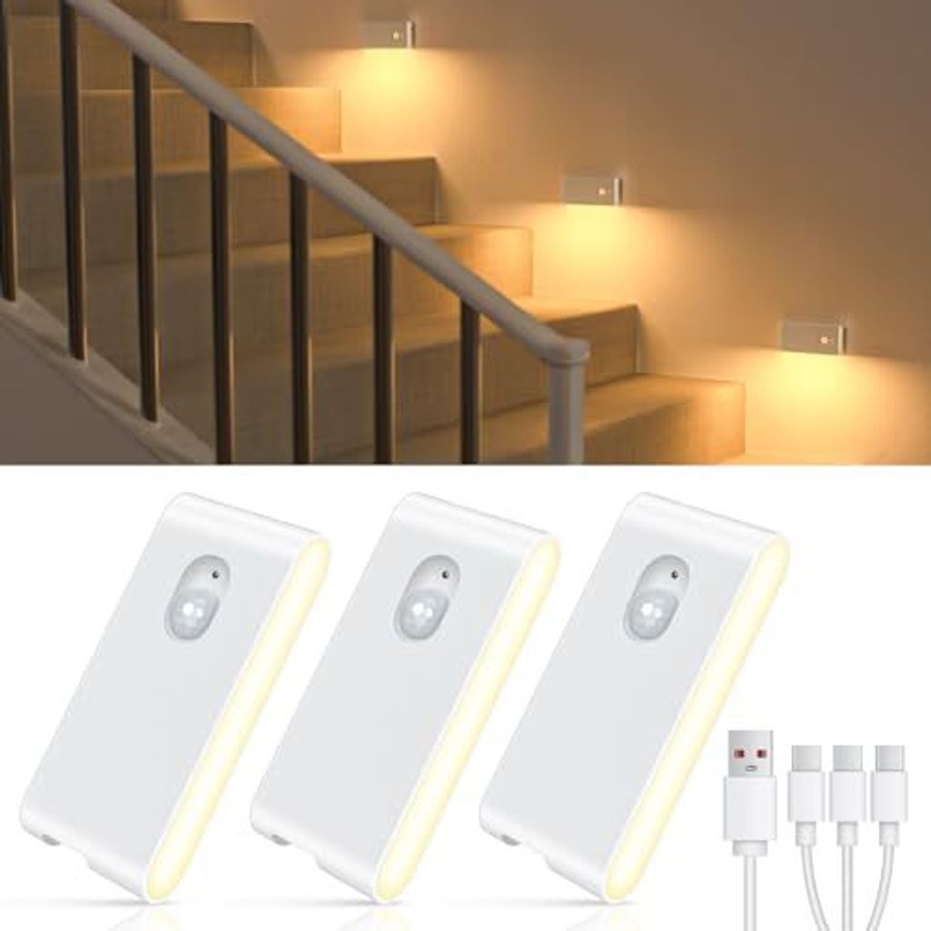 Willed Night Light -Bewegungssensor, wiederaufladbare LED -Treppenbeleuchtung (ohne Stecker), Pack 3 warmes weißes Sensor Licht, Kinder Schlafzimmer,