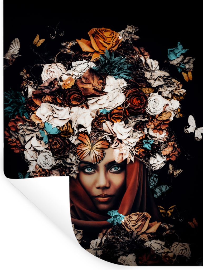MuchoWow Wandtattoo Wandsticker Wandaufkleber Blumen - Schmetterling - Frauen - Kopftuch 60x80 cm Selbstklebend und Repositionierbar - Reposition...