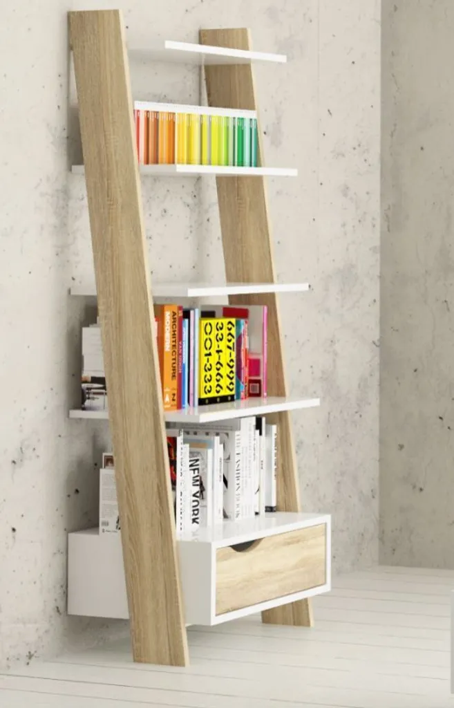 Meuble Bibliothèque Design Scandinave Blanc et Chêne avec Tiroir H180 - 12