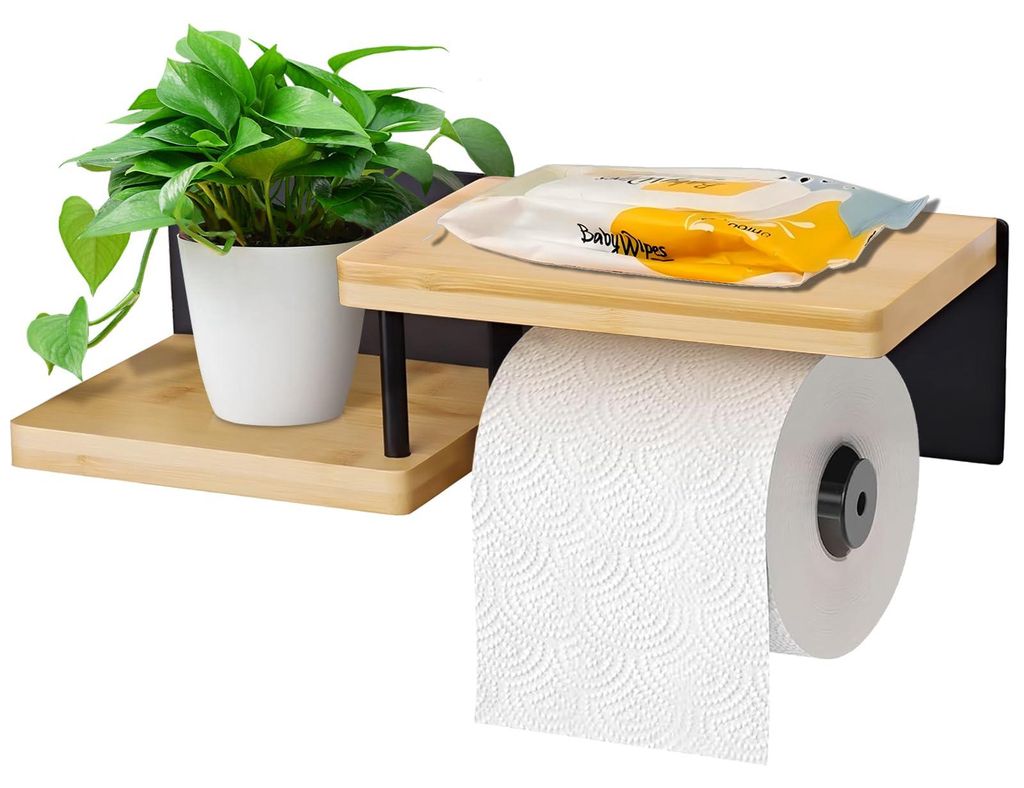 Toilettenpapierhalter mit Ablage – Toilettenpapierhalter ohne Bohren, Toilettenpapierhalter aus Stahl und Bambus, Toilettenpapierhalter aus Holz,...
