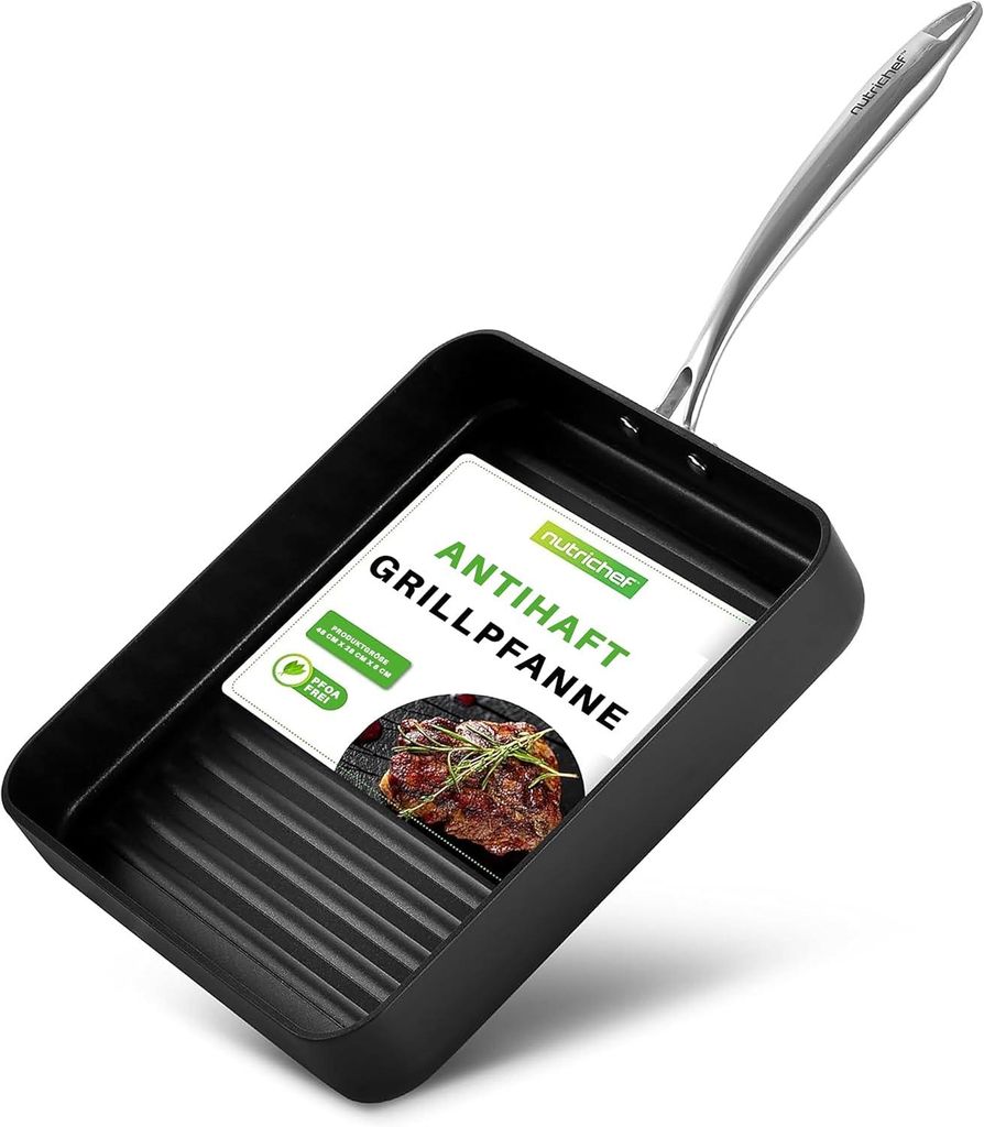 NutriChef Grillpfanne, 28cm- Grillpfanne Induktion, Quadratische- Stekapfanne, Gusseisenpfanne, Grill Pan- Antihaftbeschichtet, Bratpfanne