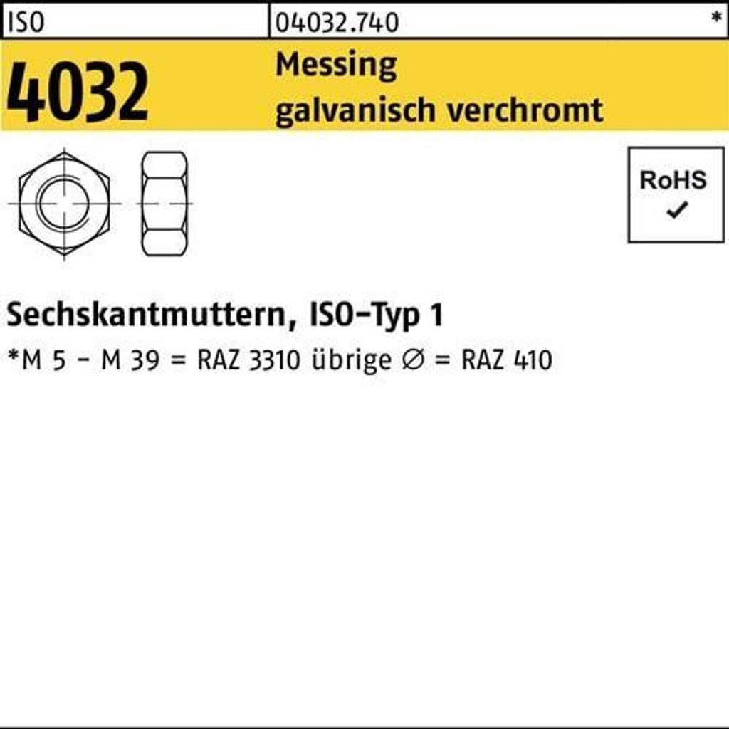 Sechskantmutter ISO 4032 M 6 Messing galvanisch verchromt
