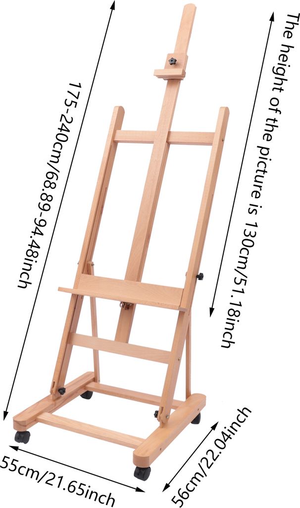 Chevalet d'atelier avec tiroir en bois, support de présentation, chevalet en bois de hêtre, cadre en H, hauteur réglable de 154 à 198 cm
