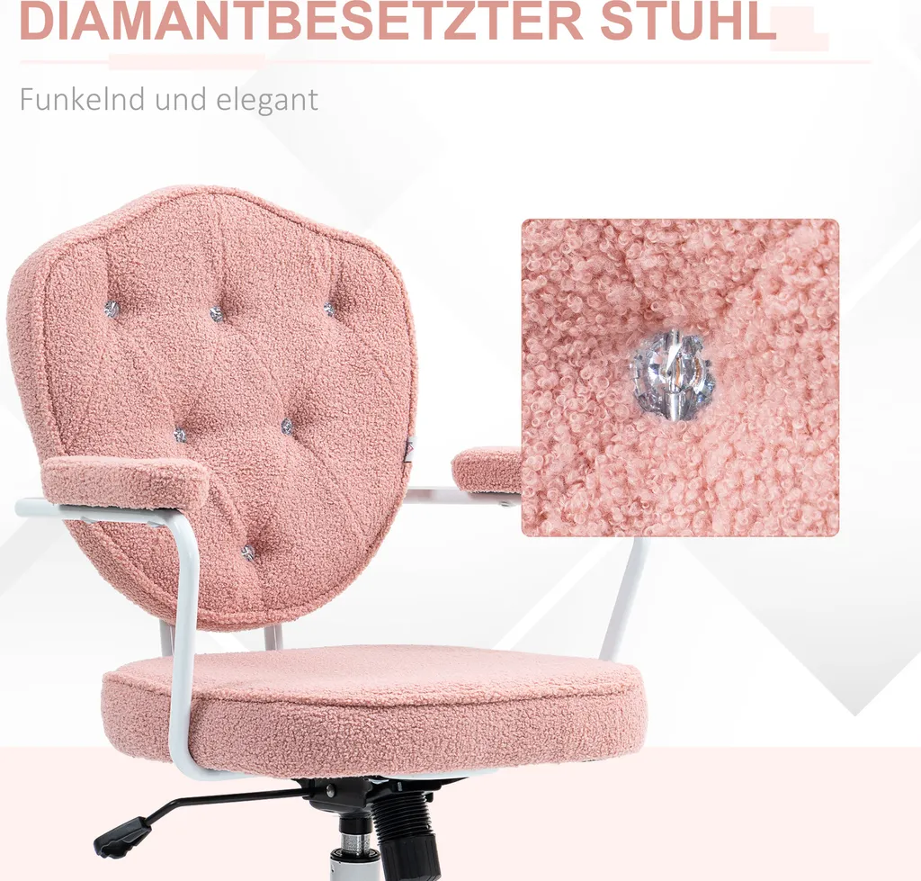 Sedia da ufficio HOMCOM, sedia da scrivania ergonomica con funzione dondolo, rivestimento con bottoni, sedia per computer regolabile in altezza con funzione girevole, per l'ufficio di casa, orsetto in pile, rosa - 3