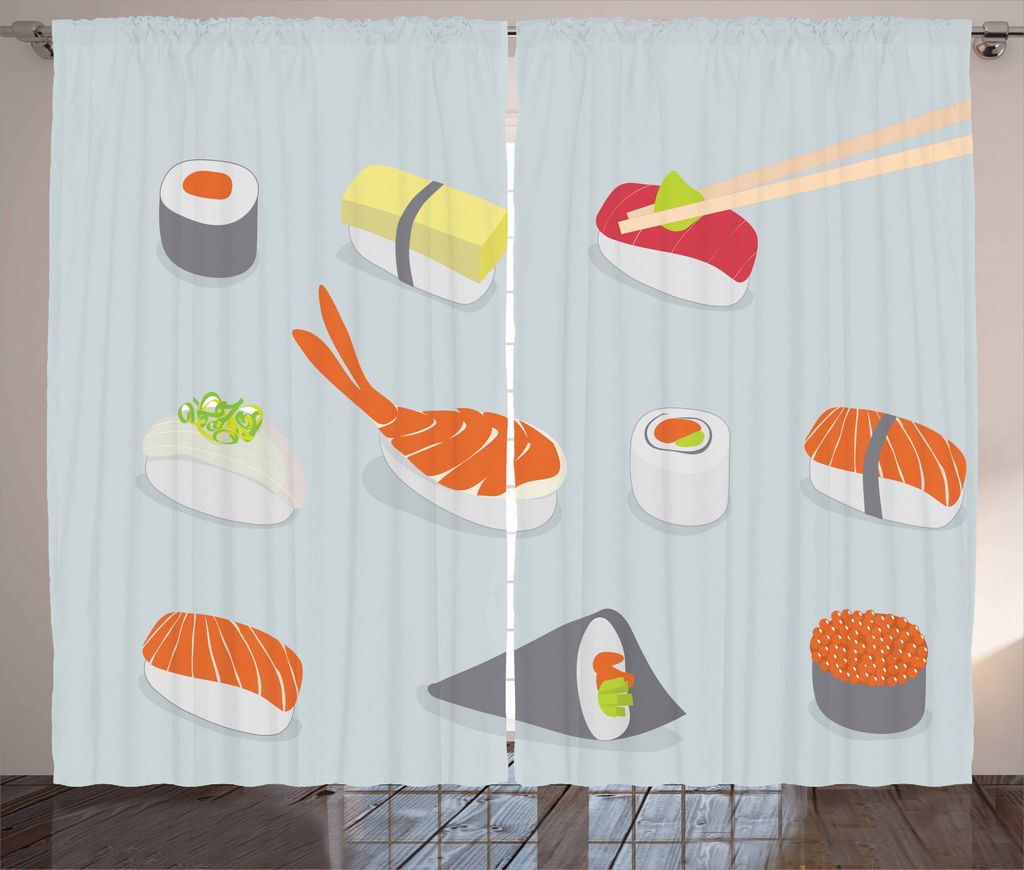 ABAKUHAUS Sushi Rustikaler Vorhang, Sea Food Dish, Wohnzimmer Universalband Gardinen mit Schlaufen und Haken, 280 x 245 cm, Mehrfarbig