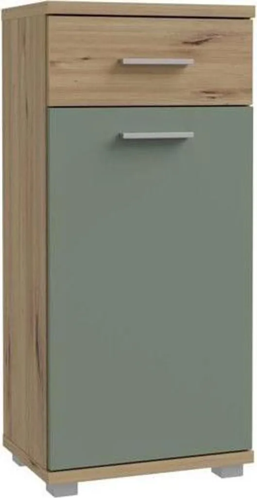 Petit meuble de rangement sous vasque CHAMP - Décor bois et vert sauge