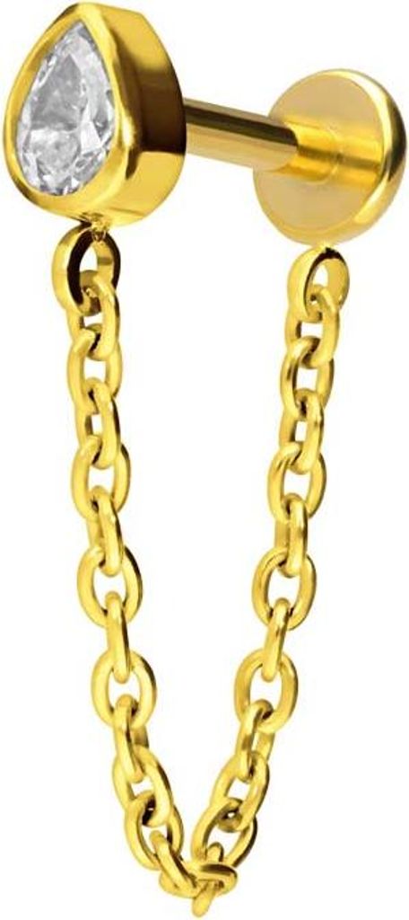 Ohrpiercing, Nasenpiercing Titan Labret mit Push Fit KRISTALLTROPFEN + KETTE