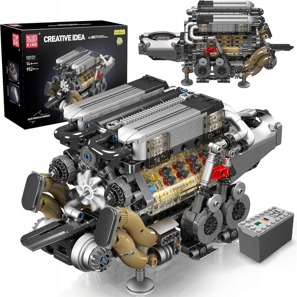 A detailed model of a W16 engine, likely a building block set, is displayed prominently with its packaging in the background.