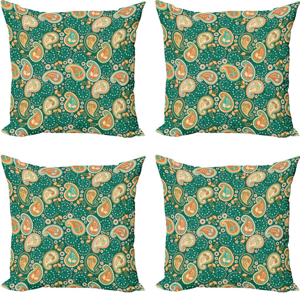 ABAKUHAUS Ethnisch Kissenbezug Set (4 Stück), Folkloric Paisley Blumen, Moderner Doppelseitiger Digitaldruck, 60 cm x 60 cm, Aprikose Jägergrün
