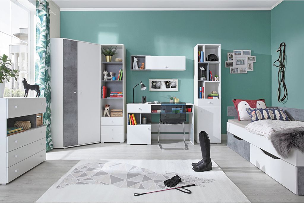 Jugendzimmer Set 7-teilig SEATTLE-133 mit Jugendbett 90x200cm in Beton und weiß