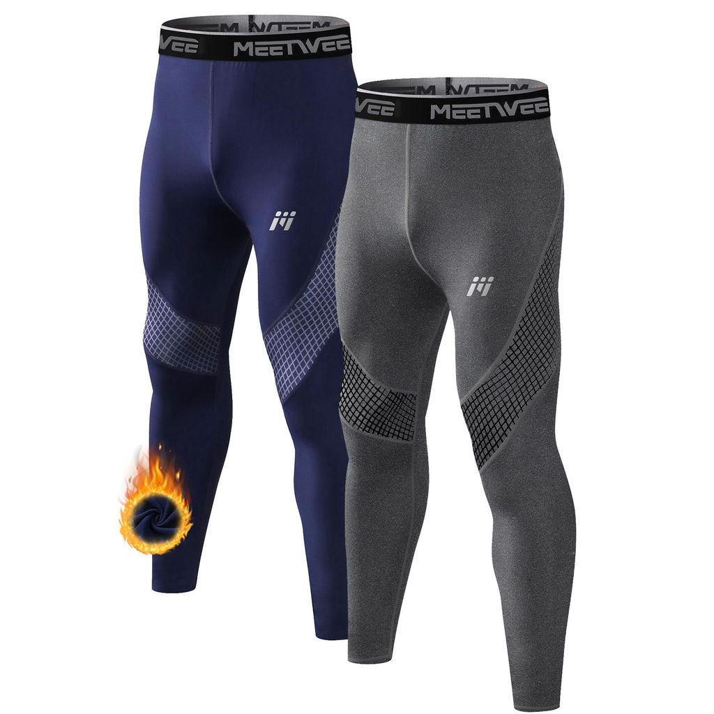 Lange Unterhose Herren 2er Innenfleece Thermo-Unterhose Männer Skiunterwäsche Thermounterwäsche Funktionsunterwäsche -Grau/Blau-M