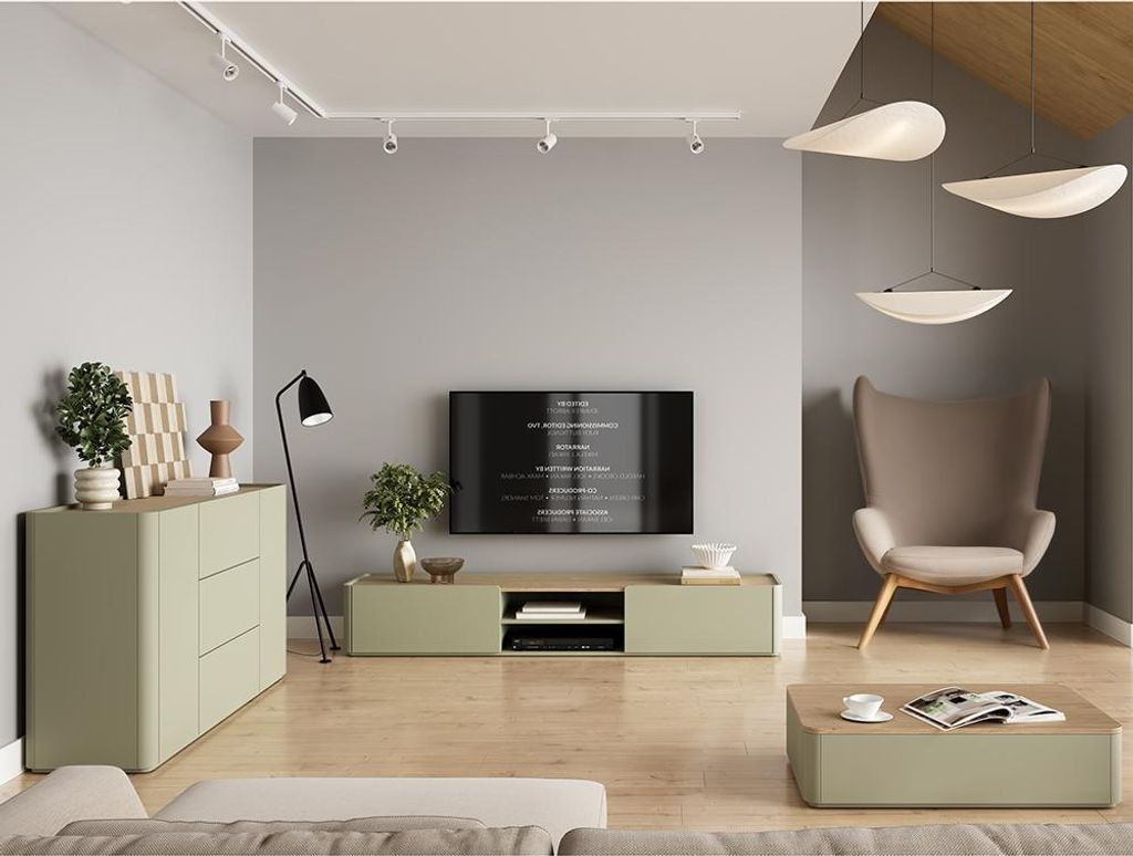 Wohnzimmer Set in Grün mit Eiche 220 cm Lowboard, Couchtisch, Kommode, 3-teilig - ELOY-141
