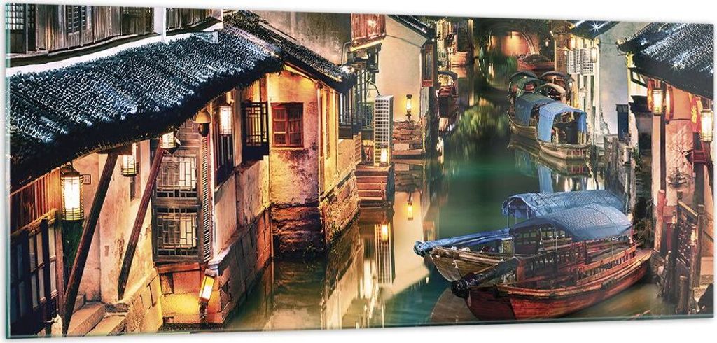 Bilder auf glas - Einteilig - Chinesisch Stadt Nacht - 100x40cm - Glasbilder - Wandbilder - Bilder - zum Aufhängen bereit - Wanddekoration aus Gla...