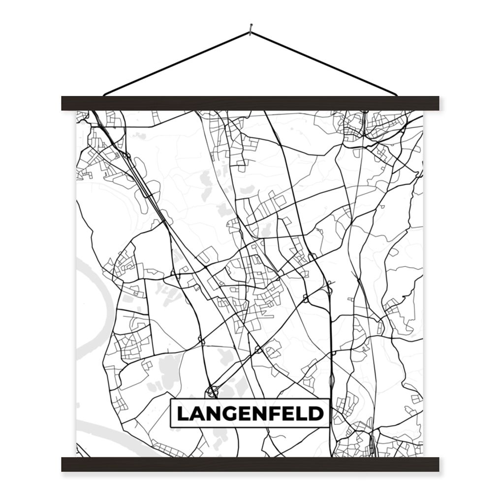 MuchoWow Textilposter Langenfeld - Karte - Stadtplan 120x120 cm mit schwarzem Rahmen - Aufhängungsset