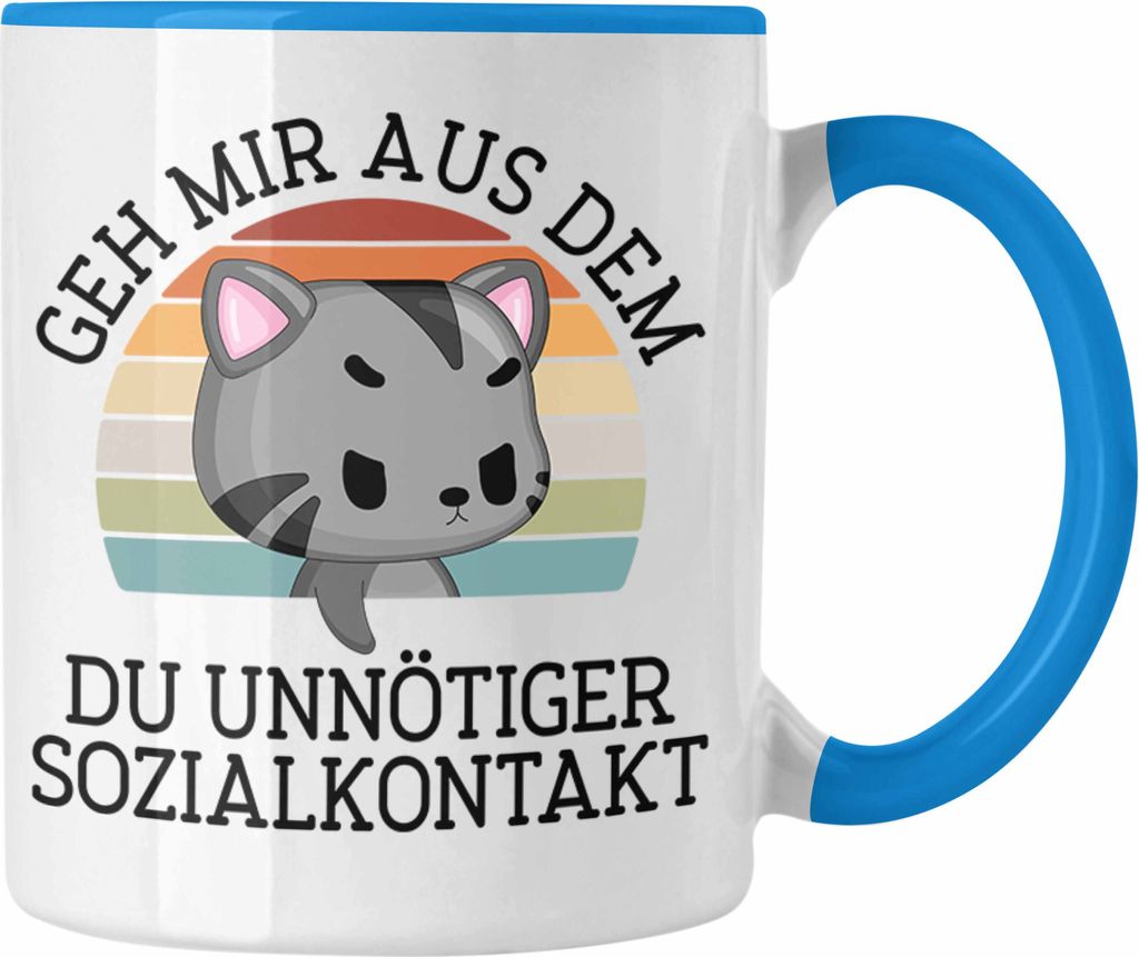 Trendation - Lustige Tasse Geh Mir Aus Dem Weg Du Unnötiger Sozialkontakt Geschenk Katze Witzige Tasse für Frauen Männer (Blau)
