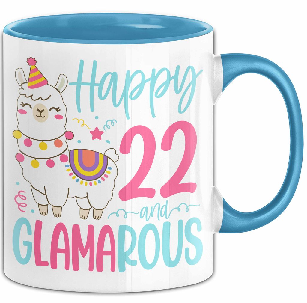 22er Geburtstag Tasse Geschenk Happy 22 And Glamarous Llama Alpaka Liebhaber Geschenkidee zum Geburtstag (Blau)