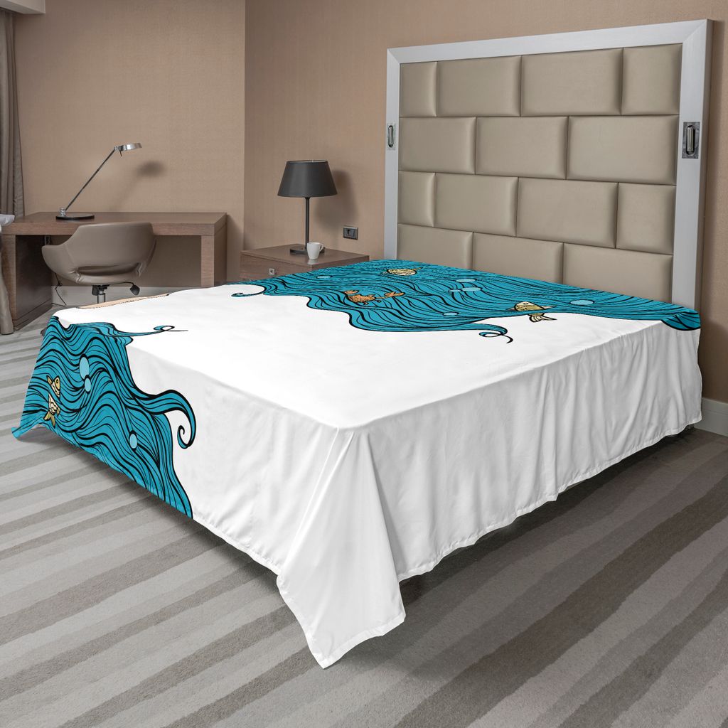 ABAKUHAUS Unterwasser- Bettlaken, Mädchen Ozeanische Frisur Fische Und Krabbe In Wellen Eingebildete Grafik, weiches bequemes oberes Bettlaken fü...