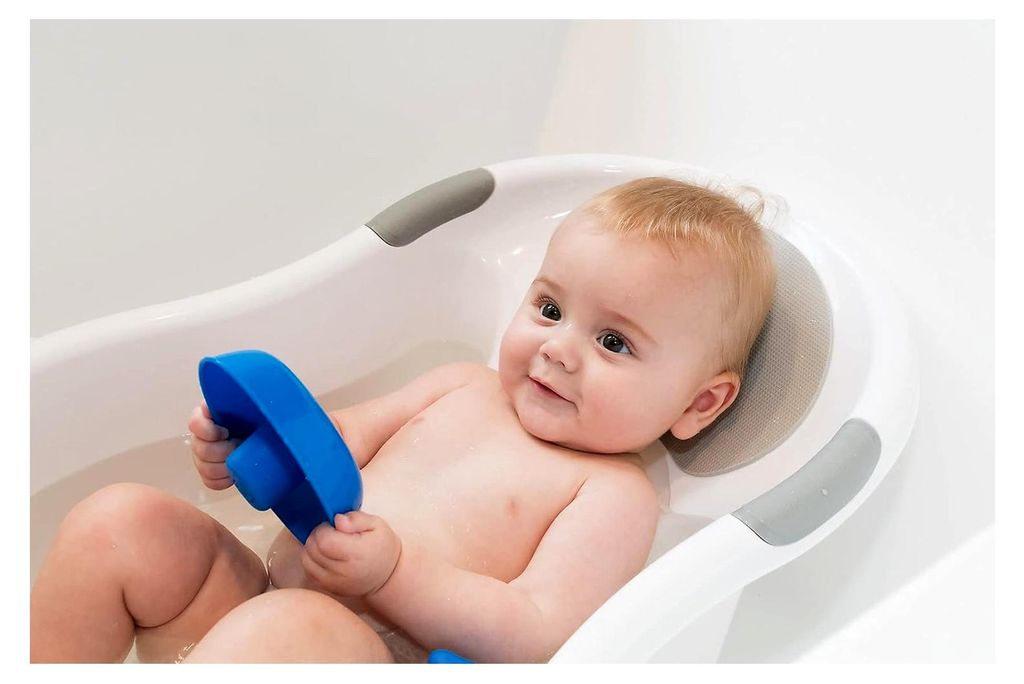Baby-Badewanne mit integriertem Sitz und weicher Kopfstütze, Weiß/Grau