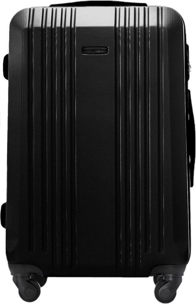 A black suitcase is shown from the front on a white background.