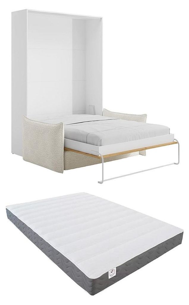 Schrankbett 160 x 200 cm - Manuelles vertikales Öffnungssystem - Natur und Weiß + Sofa + Matratze - BEGANIO