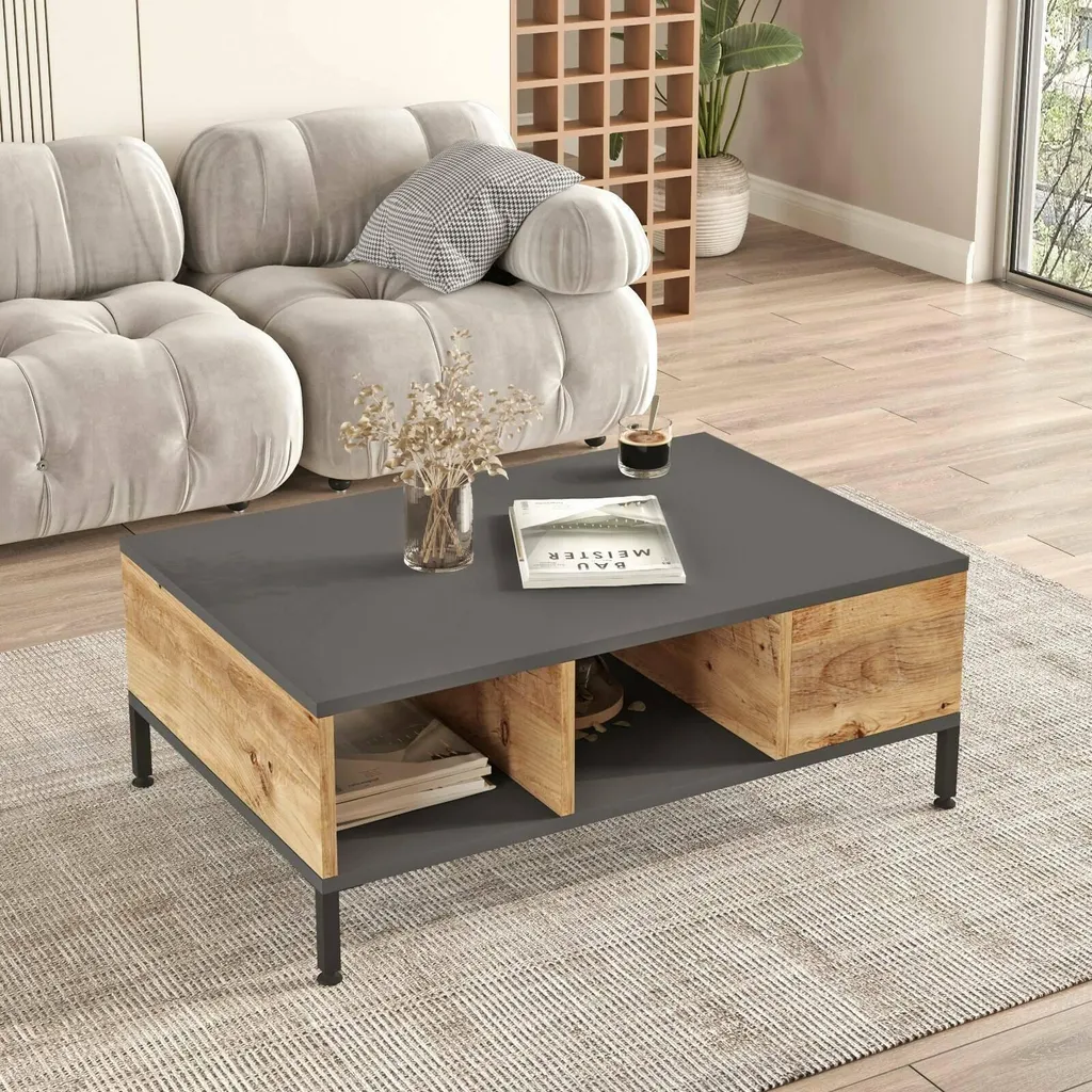 Table basse Lemie 90x60x33h cm Chêne Marron avec 3 Compartiments - 2