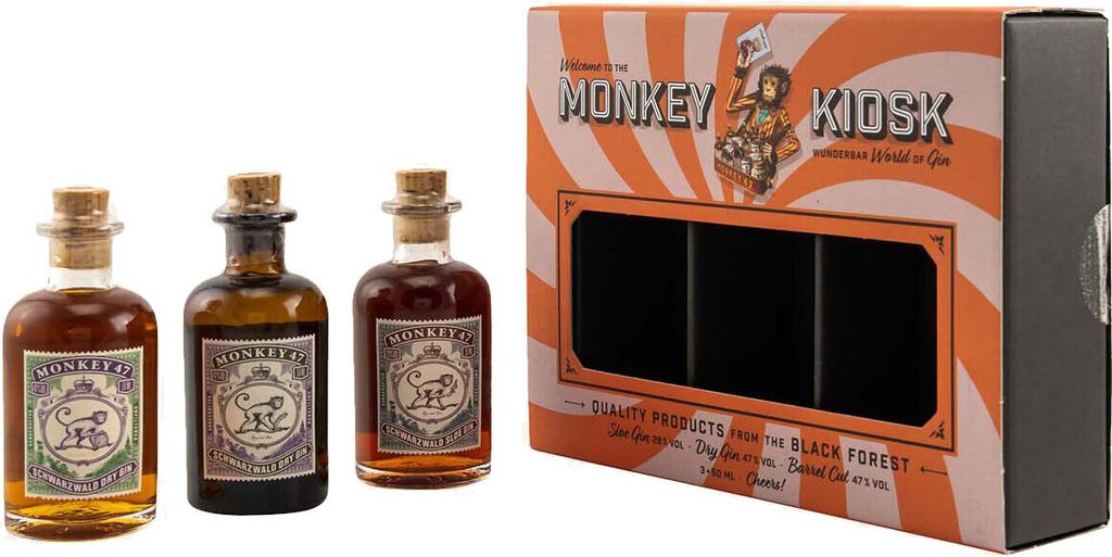 A set of three small gin bottles and their branded box.