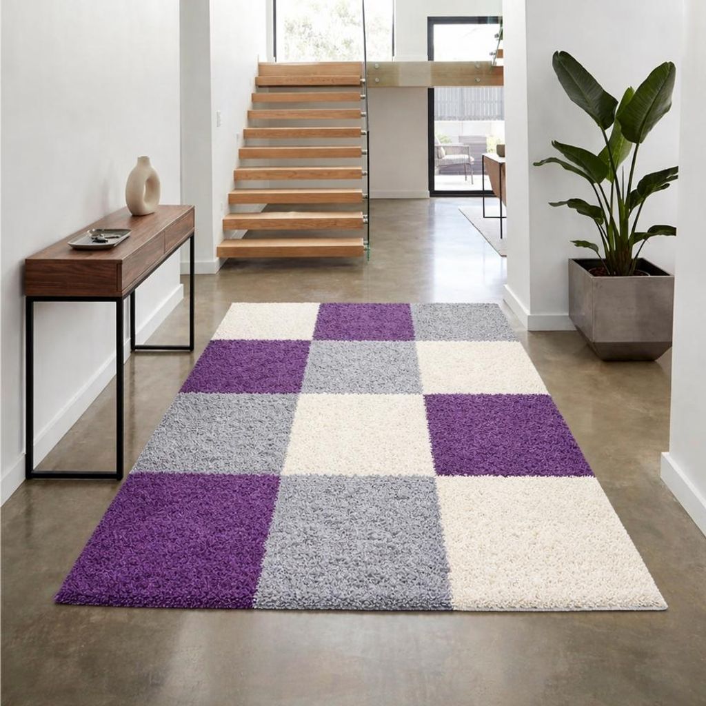 Shaggy Teppich Mehrfarbig Lila Grau Creme für Wohnzimmer Schlafzimmer – moderner Hochflor Teppich weich flauschig stilvoll langlebig pflegeleich...