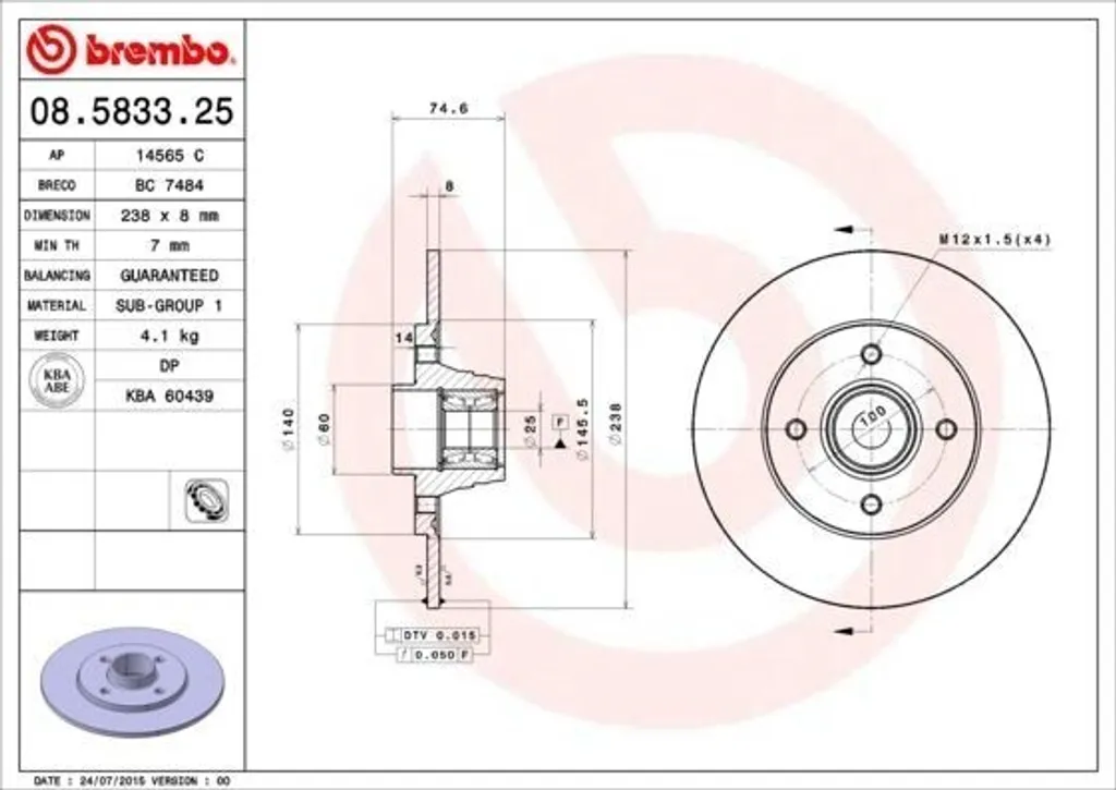 Disque de frein haute performance Brembo 08.5833.25 certifié OE 7700805006